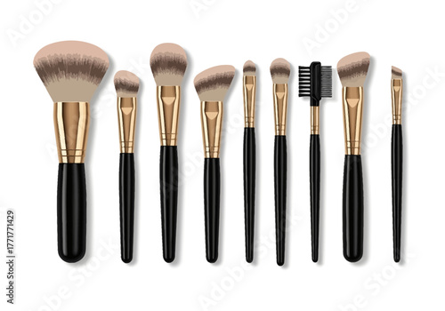 Group of 8 makeup brushes with black handles and neutralcolored bristles displayed on a white background
