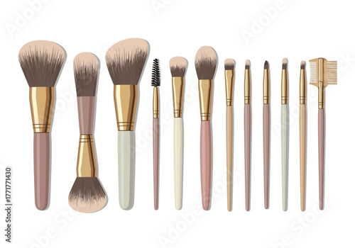 Group of assorted makeup brushes with varying sizes  functions handles made of gold  lightcolored materials