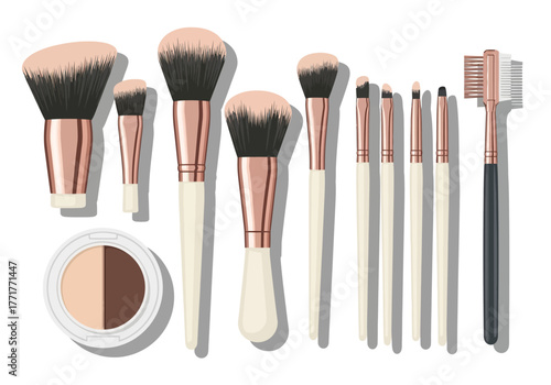 Makeup brushes and face powder The brushes feature rose gold and offwhite handles