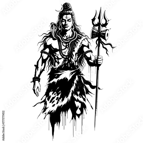 Majestic Lord Shiva holding Trident and Damaru adorned with snake and crescent moon