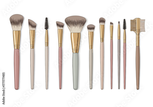 Makeup brushes assorted sizes bristles and handle colors displayed against a plain white background