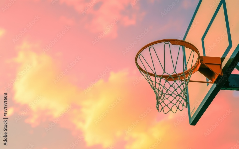 Naklejka premium Golden Hour Glow Over a Basketball Hoop Against a Dramatic Sky