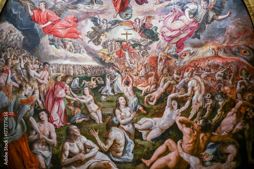 Close-up of Marten de Vos’s 1570 masterpiece The Last Judgement, filled with dramatic biblical imagery.