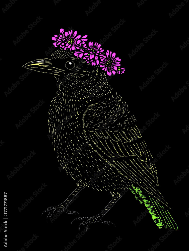 Fototapeta premium Intricate illustration of a black crow adorned with a vibrant floral crown, set against a dark background.