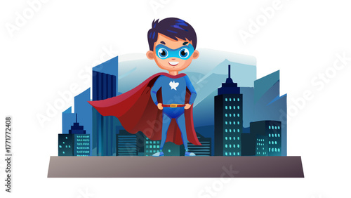 A brave 3D cartoon boy superhero in red cape and blue costume, standing on rooftop with confident smile, glowing city lights behind