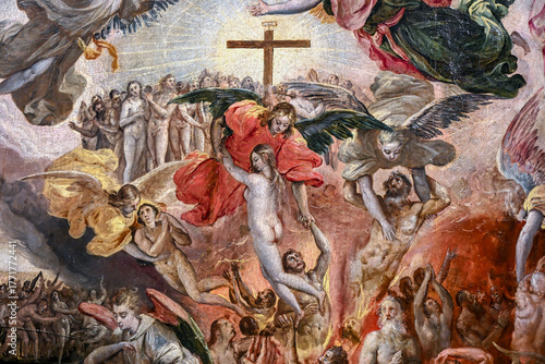 Vászonkép Detail close up from The Last Judgement by Marten de Vos showing angels lifting