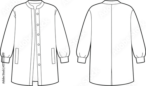 Long sleeve coat flat sketch, women outerwear technical drawing, button front jacket illustration, fashion design template for apparel designers, vector