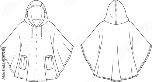 Hooded poncho with pockets technical drawing, apparel flat sketch, fashion garment illustration, outerwear cape design, clothing template vector for designers