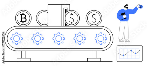 Conveyer transforms Bitcoin and dollar coins with gears. Person analyzes data chart. Ideal for finance, cryptocurrency, automation, blockchain, investment, fintech efficiency. Simple flat metaphor