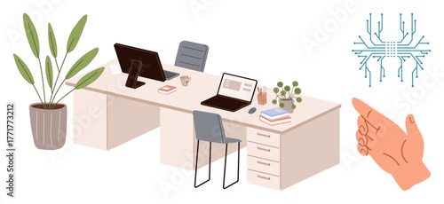 Organized workspace featuring a desk, laptop, desktop, books, indoor plants, and a hand pointing at a circuit diagram. Ideal for technology, innovation, education office work creativity