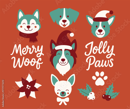 A festive vector flat art set featuring cute dog faces, holiday elements like holly, flowers, and paw prints, along with playful Christmas-themed lettering: Merry Woof and Jolly Paws.