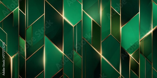 Geometric abstract background featuring deep emerald green shapes accented by shining gold lines