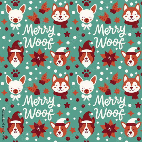 Seamless vector pattern featuring cute holiday dogs, festive elements like holly, flowers, snow dots, and the handwritten phrase Merry Woof in a cheerful flat art style.