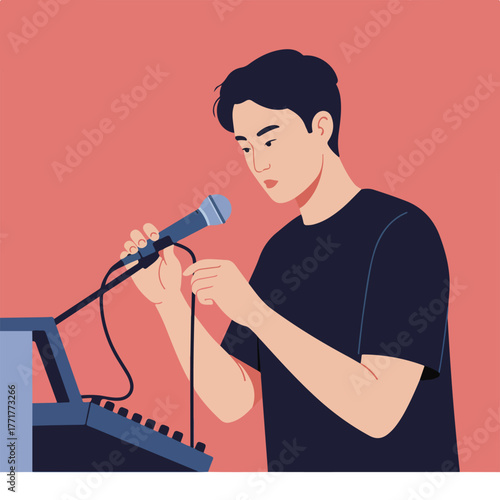 A person with dark hair and a black shirt prepares a microphone and synthesizer against a coral background