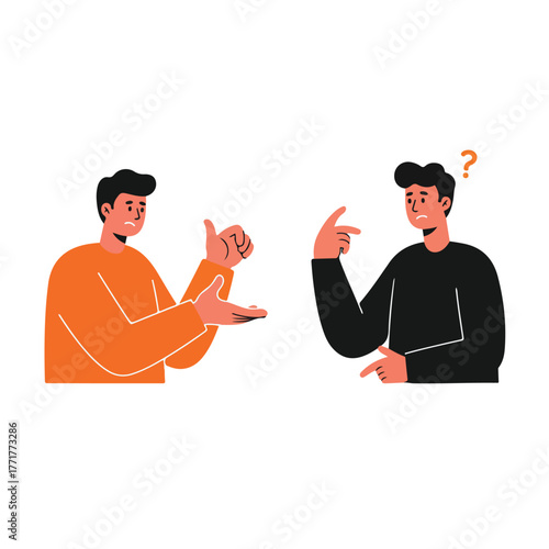 Two men in stylized illustration discuss. One gestures confidently. The other, black-shirted, is puzzled, questioning