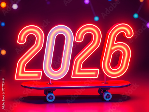 The number 2026, composed of white and red neon tubes, stands on a skateboard against a festive background. A modern sports skateboard with wheels.