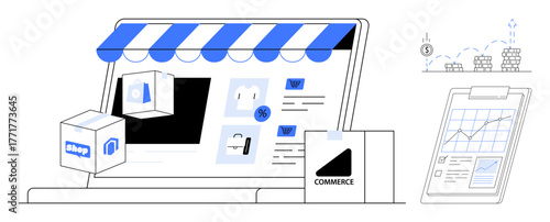 Laptop with storefront awning, shopping bags, product boxes, and analytics clipboard. Ideal for e-commerce, digital marketing, business growth, sales online retail fintech technology. Clean flat