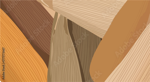 Abstract, layered composition, warm tones and woodgrain textures