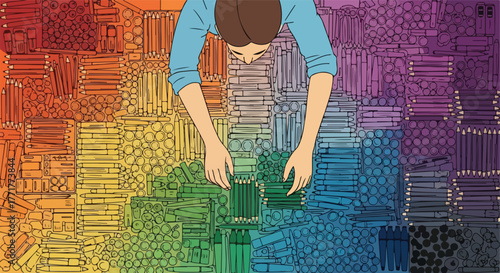 Person selects green pencils from a colorful collection