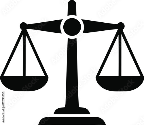 Black silhouette of a balanced justice scale representing law and fairness on a white background