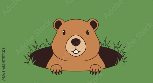 Cartoon groundhog peering from its burrow in green grass