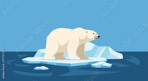 Polar bear standing on an iceberg in blue water