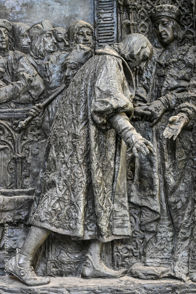 Fototapeta premium Close up detail of the Bas-relief sculpture of Columbus presenting to the Catholic Monarchs after discovering the New World, by Antonio Susillo 1893