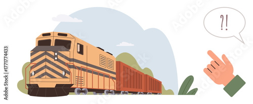 Freight train moving through nature, contrasted by a hand with a speech bubble indicating surprise or focus. Ideal for logistics, transportation, surprise, decision-making, alert, freight