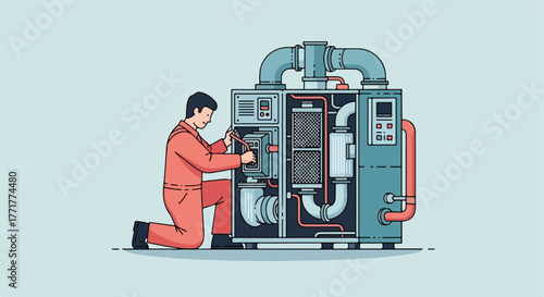 Technician repairs a large machine, illustration style