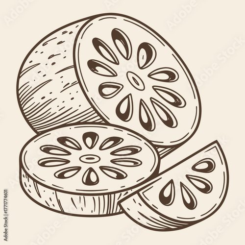 Sliced Lotus Root Vintage Rough Woodcut Engraving Linocut Style Vector Illustration