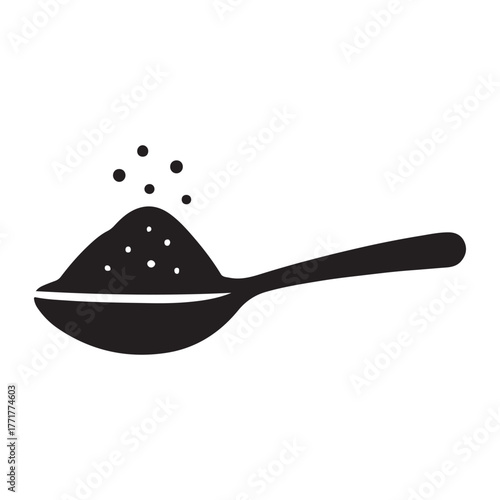 Icon of a spoon loaded with a heap of powder or ground material. This includes coffee, sugar, salt, or other food items, represented by a teaspoon with different levels of grind. Ico of a spoon loaded