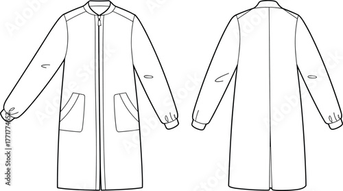 Women long coat flat sketch, bomber style outerwear template, front and back technical drawing, fashion design vector, zipper jacket design illustration