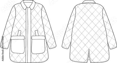 Quilted women coat flat sketch, technical fashion drawing, winter jacket template, outerwear design vector, front and back detailed illustration