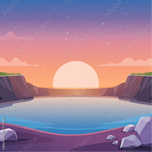 Pixel Art Lake View at Sunset with Purple Shores, Cliffs and Sky with Stars and Clouds, Retro Gaming Aesthetic, Calm Serene Landscape Background
