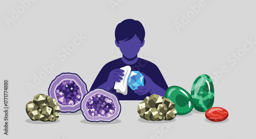 Person cleaning a gemstone with others on display