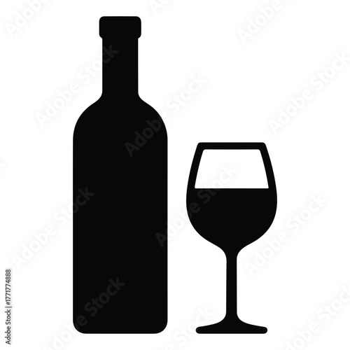 Wine bottle with wine glass icon or silhouette. Alcohol symbol. Vector illustration.