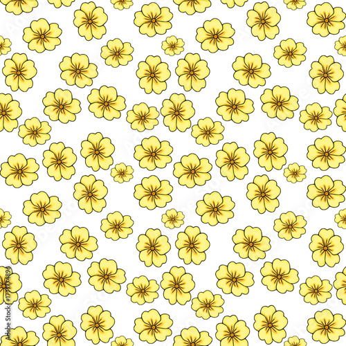 Seamless vector pattern of bright yellow primrose flowers with dark outlines on a white background.