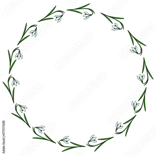 A delicate circular frame composed of blooming snowdrop flowers and slender green leaves, presented as a clean vector illustration.
