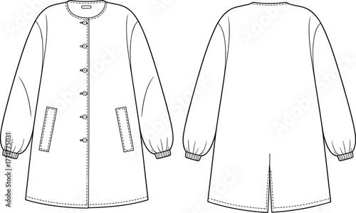Women long sleeve coat flat sketch, front and back view, button closure outerwear template, technical drawing for fashion designers, vector illustration