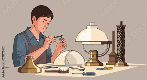 Artisan repairing an antique lamp, surrounded by tools