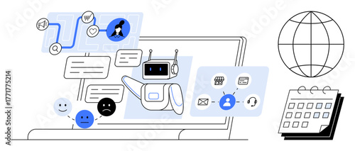 Robot chatbot on laptop monitor, chat bubbles, emoticons. Calendar and globe nearby. Ideal for AI, automation, digital assistant, communication technology customer service workflow. Flat simple