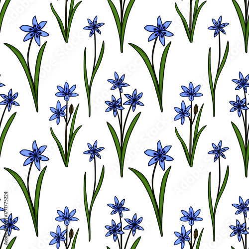 Seamless vector pattern of delicate blue scilla flowers with green leaves on a white background, capturing the essence of early spring bloom.