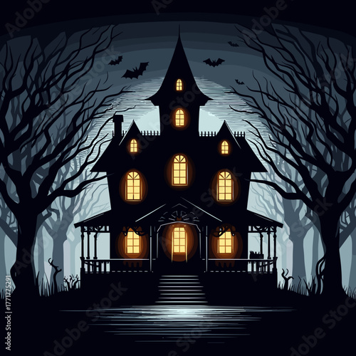 Spooky haunted house silhouette with glowing windows surrounded by barren trees.