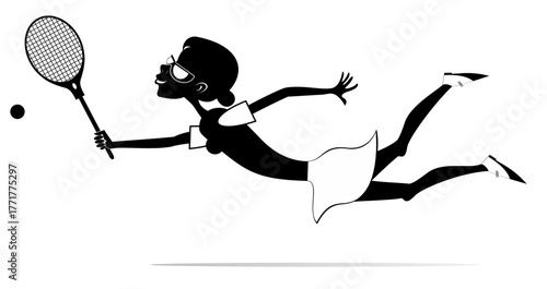 Tennis. Pretty young woman hits the ball while falling. Black and white illustration	