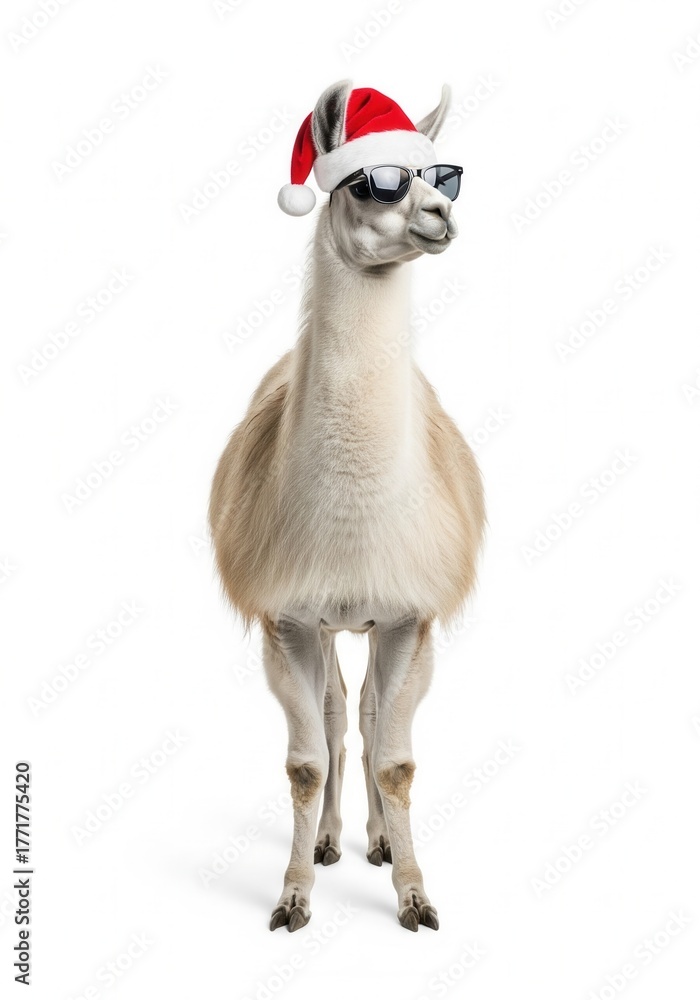 Fototapeta premium Llama wearing Santa Claus hat and sunglasses standing full length ready for Christmas.Isolated white background.