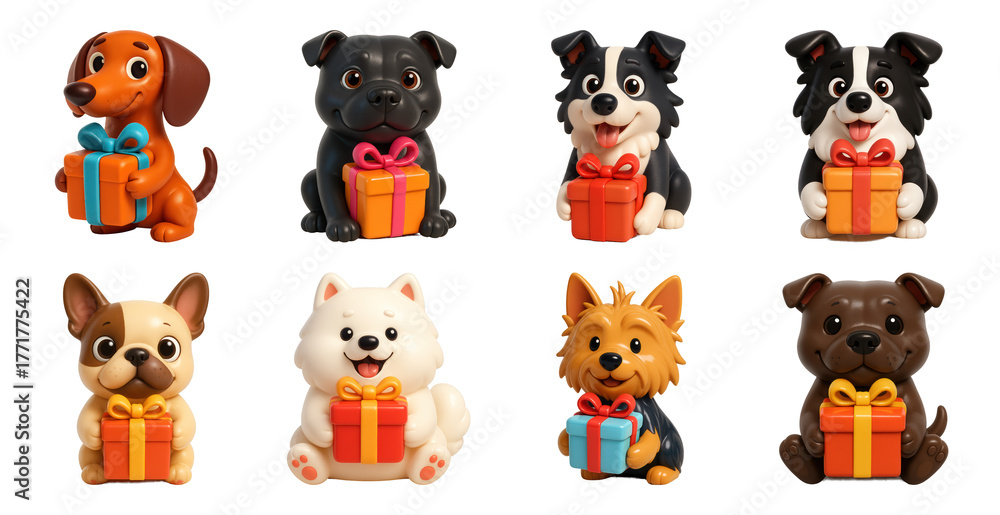 Naklejka premium PNG Cute cartoon dogs with gifts, element set on transparent background