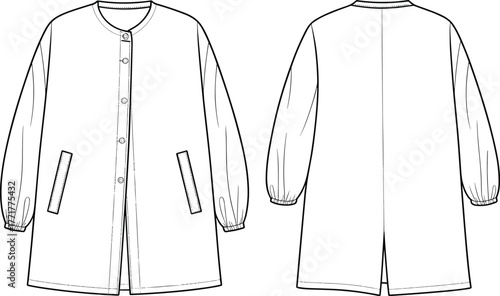 Women long sleeve coat flat sketch, button front outerwear fashion template, apparel technical drawing for clothing designers, vector illustration