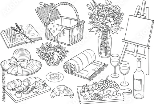 picnic, basket, blanket, wine, glasses, bottle, bread, cheese, grapes, flowers, book, canvas, easel, hat, plant, artwork