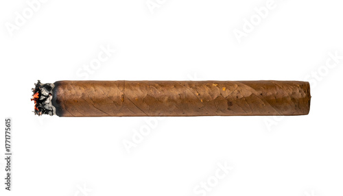 A thick, tightly rolled cigar is lit and smoking, with a glowing end and visible ash, positioned horizontally and isolated on a clean, light gray background.