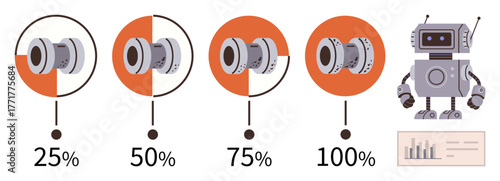 Robot standing near segmented mechanical component diagrams showing progress percentages 25, 50, 75, 100. Ideal for AI, robotics, engineering, progress tracking, data analytics automation